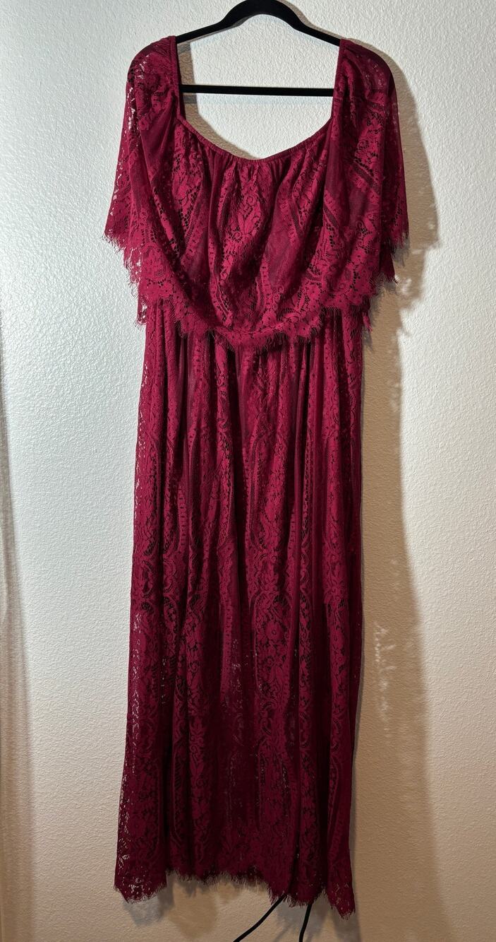 Holipick XXL Magenta Pink Flutter Sleeve Lace Overlay Off-Shoulder Maxi Dress